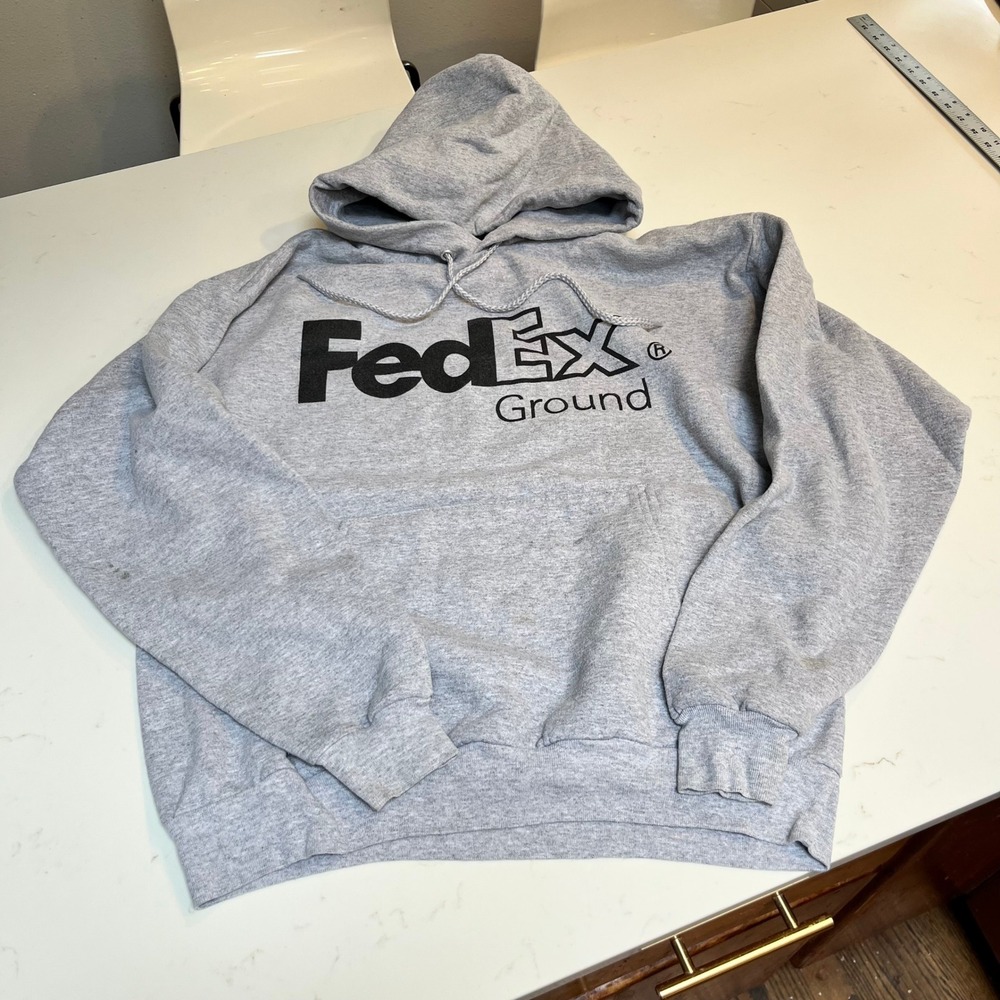 FedEx Ground Hoodie Mens Large Gray Hanes ComfortBlend EcoSmart Pullover Logo